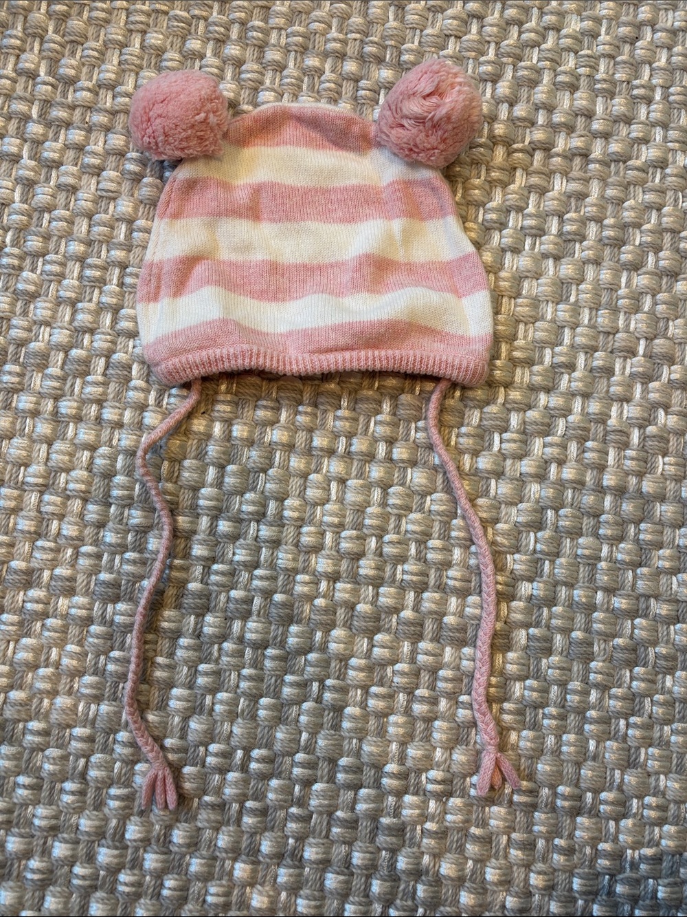 Toddler Pink and White Striped Knit Pom-Ear Hat with Ties